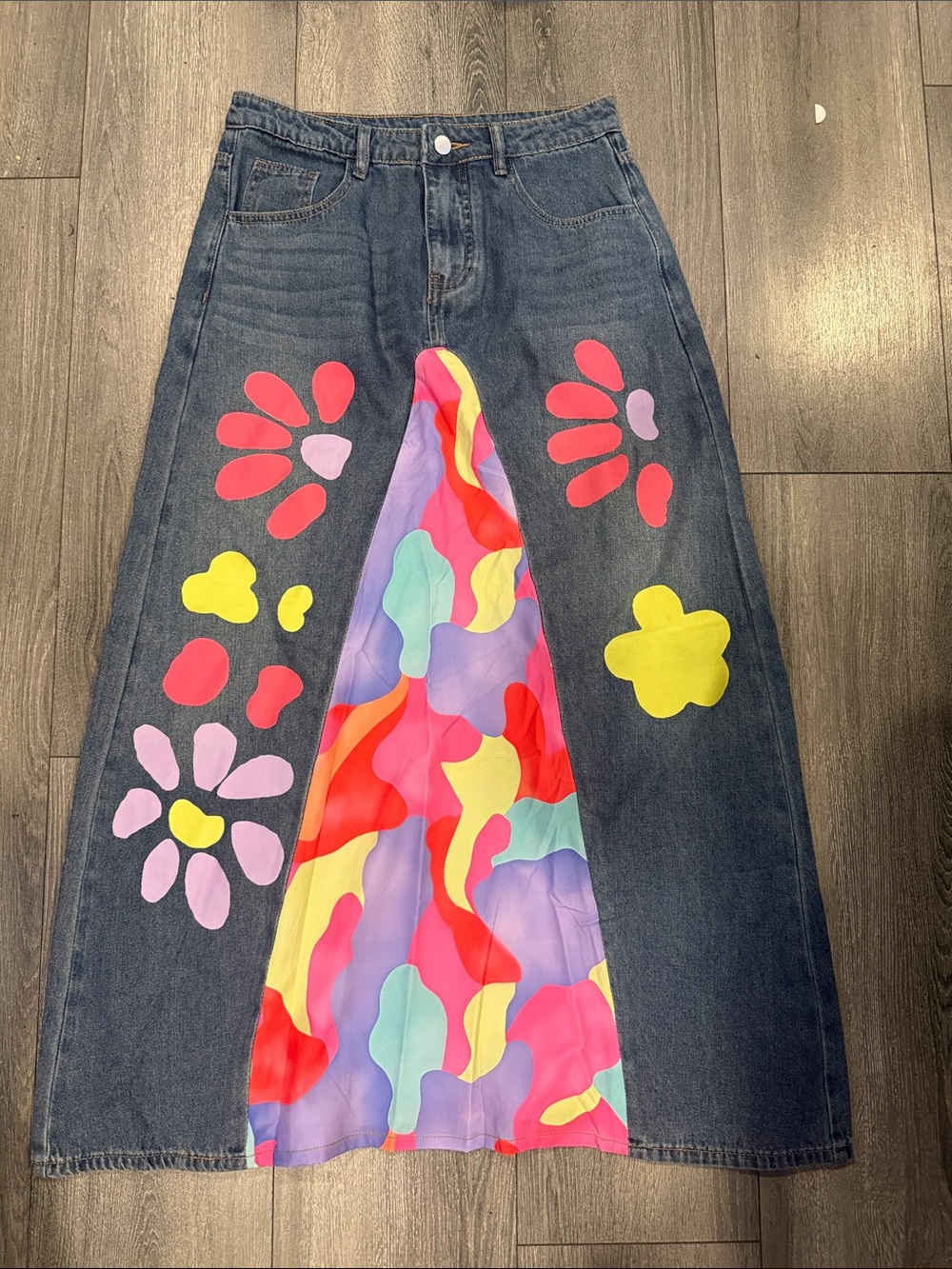 Denim Maxi Skirt with Colorful Floral Panels
